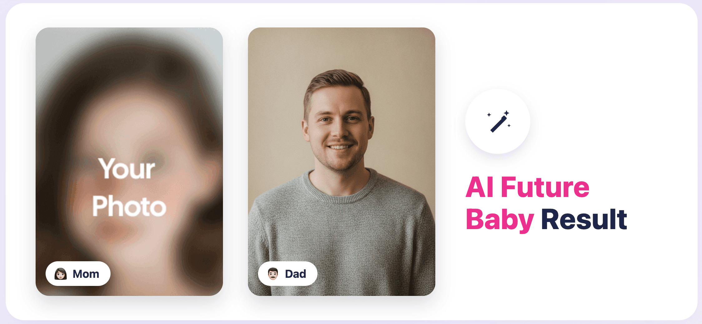 Oberfläche des KI Baby Generators: unscharfer Platzhalter für Mama neben einem generierten Porträt für Papa