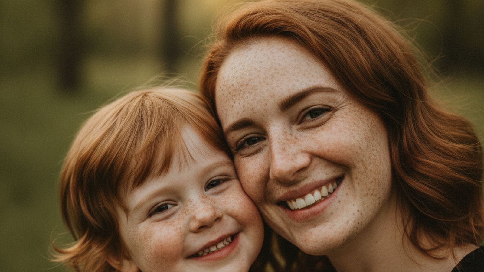 Freckle-faced red-haired mother cheek to cheek with her freckled young child, showing inherited freckles