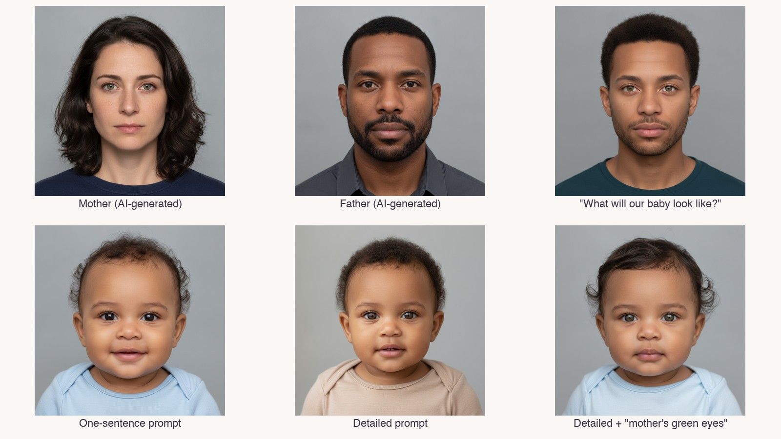 Gemini test: two AI-generated parent portraits, an adult result from a vague question, and three baby results from clearer prompts