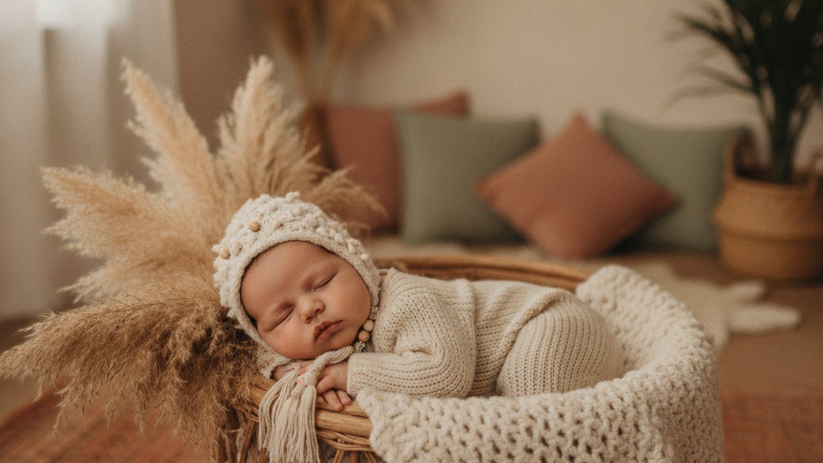 Ein Baby mit gestrickter Boho-Haube in einem Rattankorb mit Pampasgras, erdiges Boho-Kinderzimmer