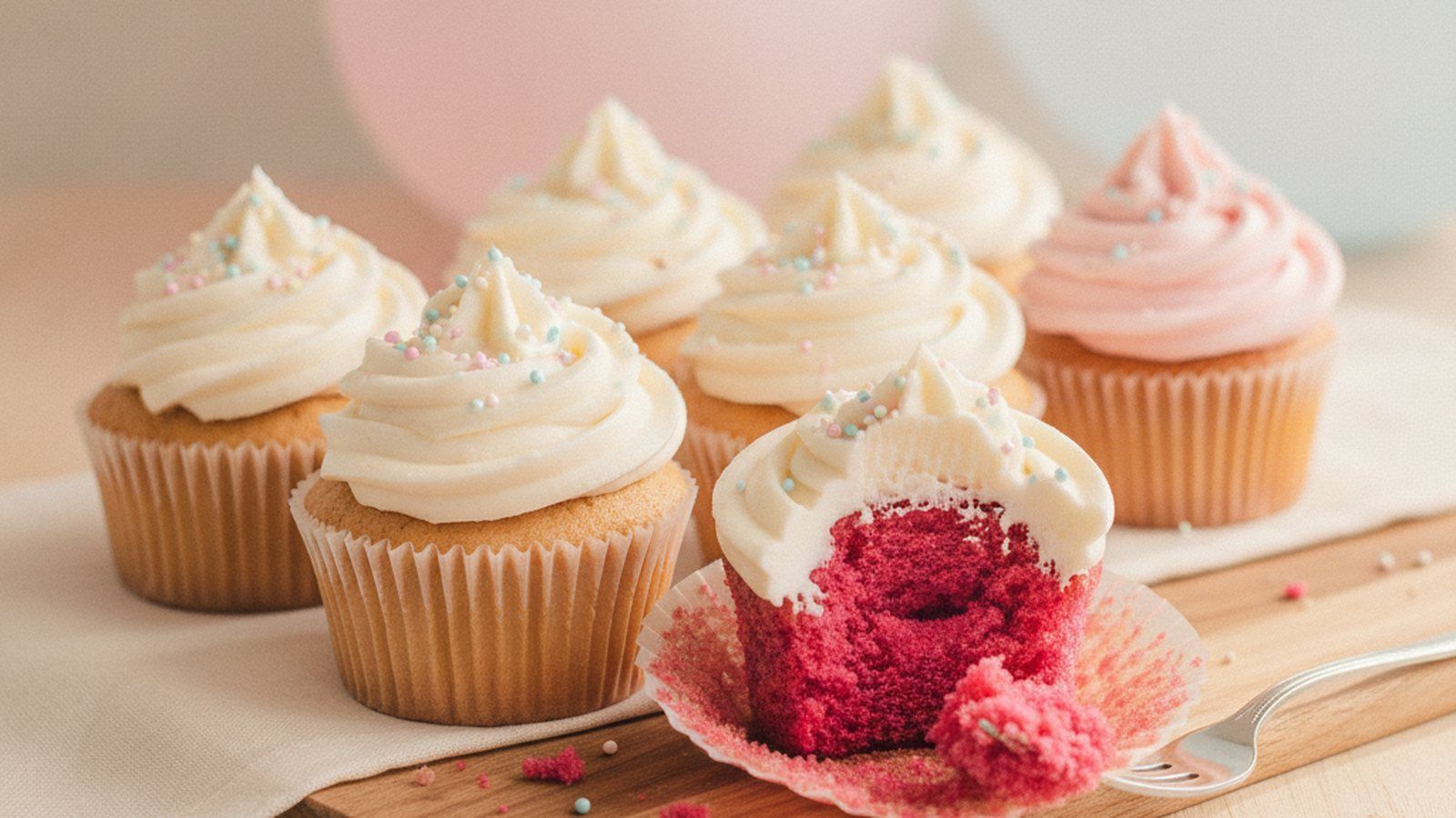 Gender-Reveal-Cupcakes, einer aufgebrochen mit rosa Kern