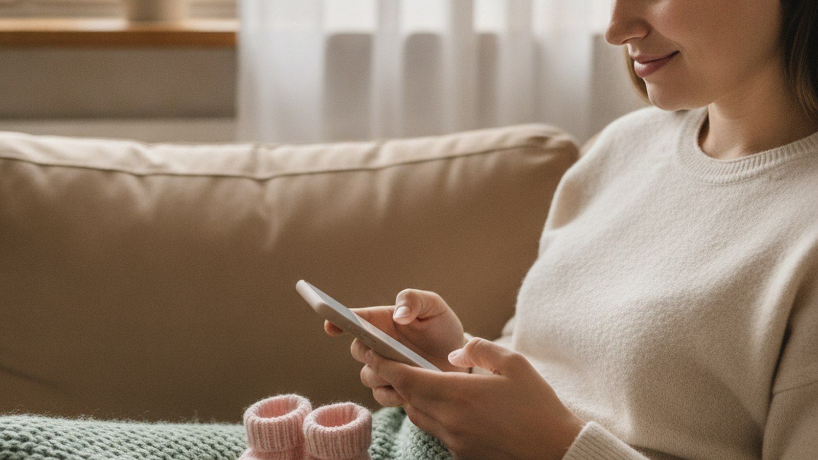 A woman on a couch typing a pregnancy announcement on her phone with baby booties and an ultrasound beside her