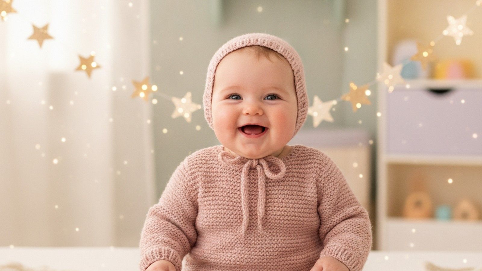 Ein fröhliches Baby in einem rosé Strickoutfit mit goldener Sternengirlande im stilvollen pastellfarbenen Kinderzimmer