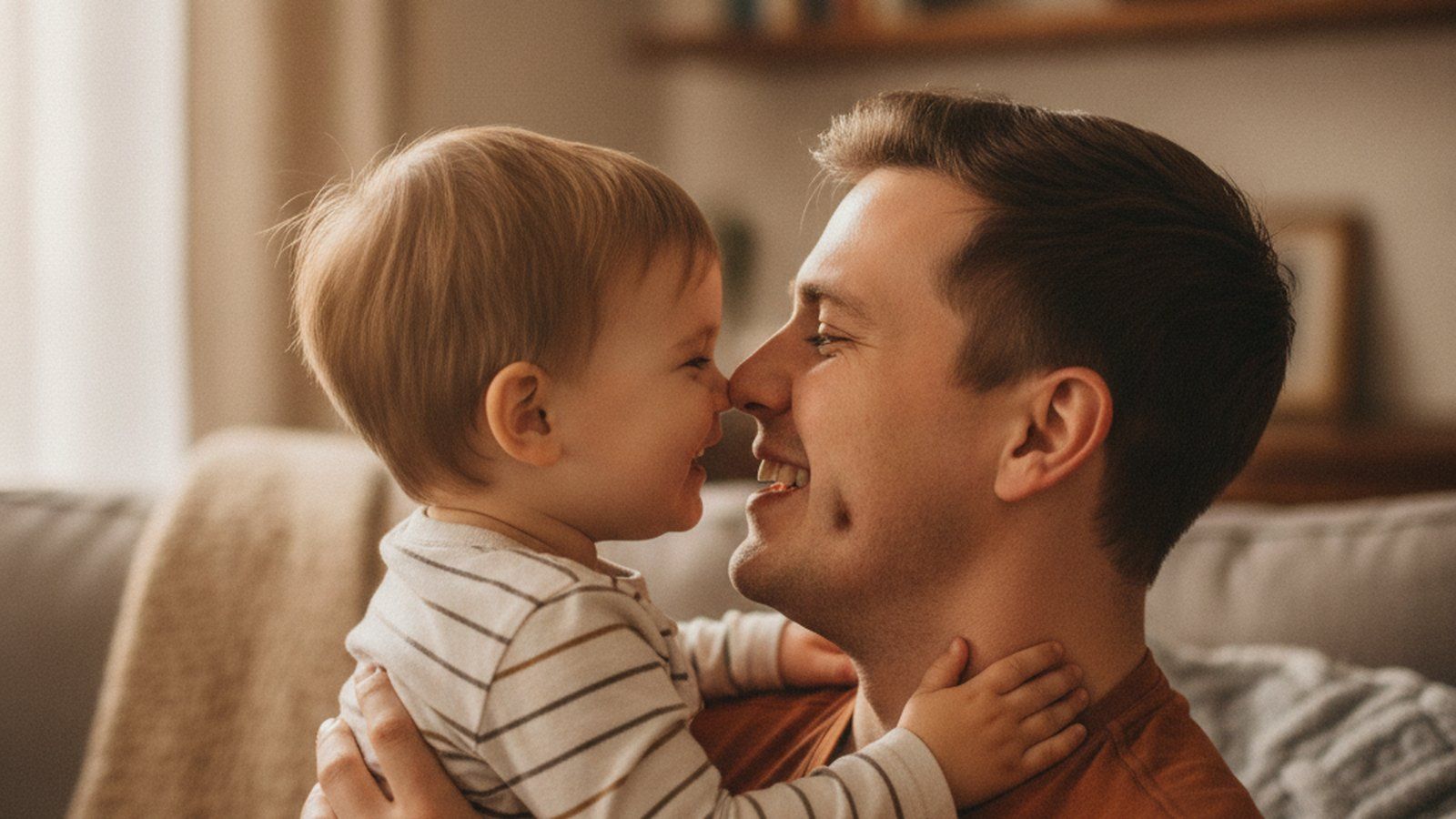Ein lächelnder Vater hält sein Kind Wange an Wange, mit Familienähnlichkeit in einem gemütlichen Zuhause