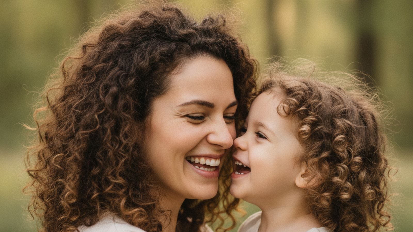A curly-haired mother cheek to cheek with her curly-haired child, showing inherited curls
