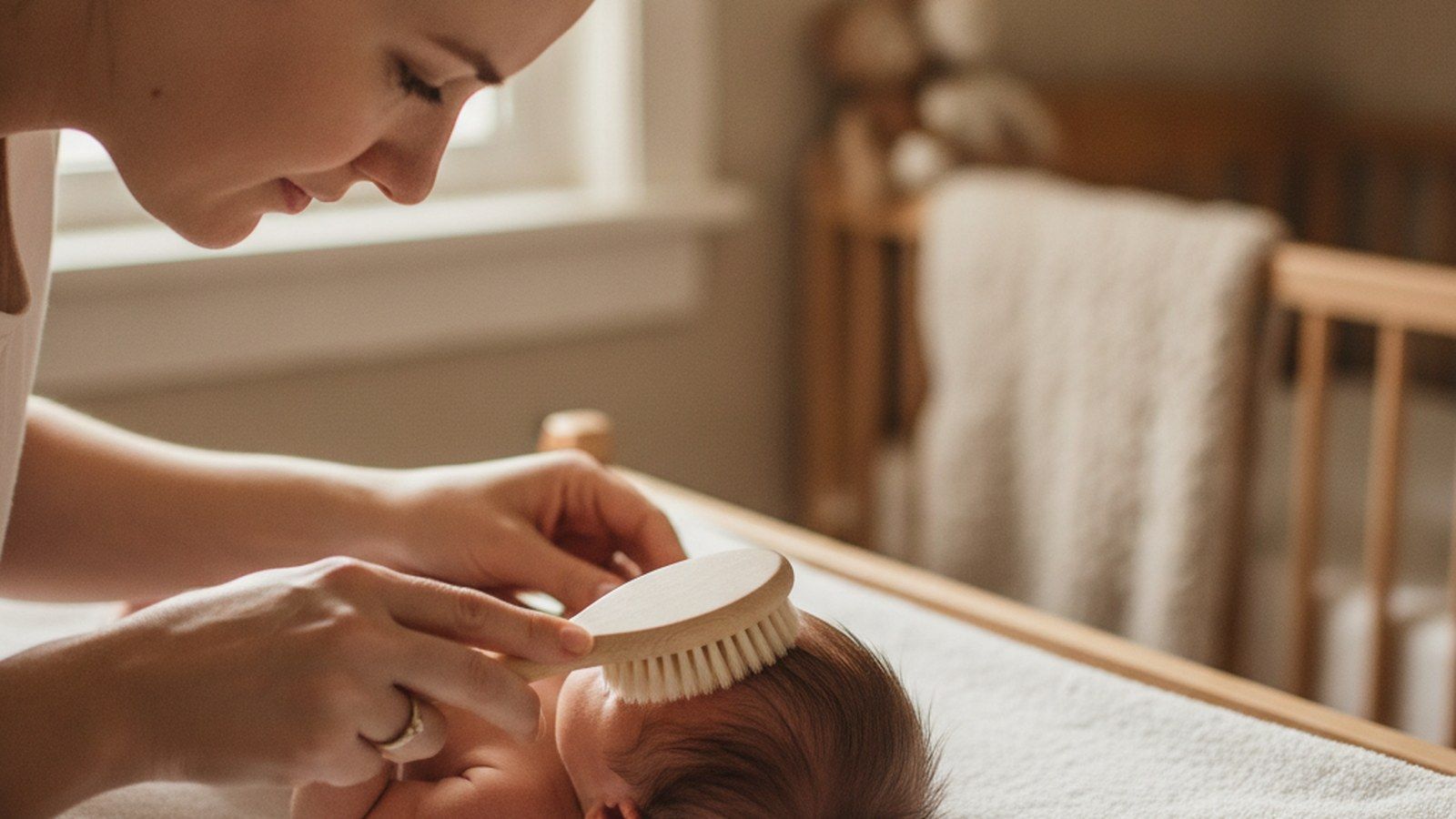 A mother gently brushing her newborn baby's thin wispy hair with a soft baby brush
