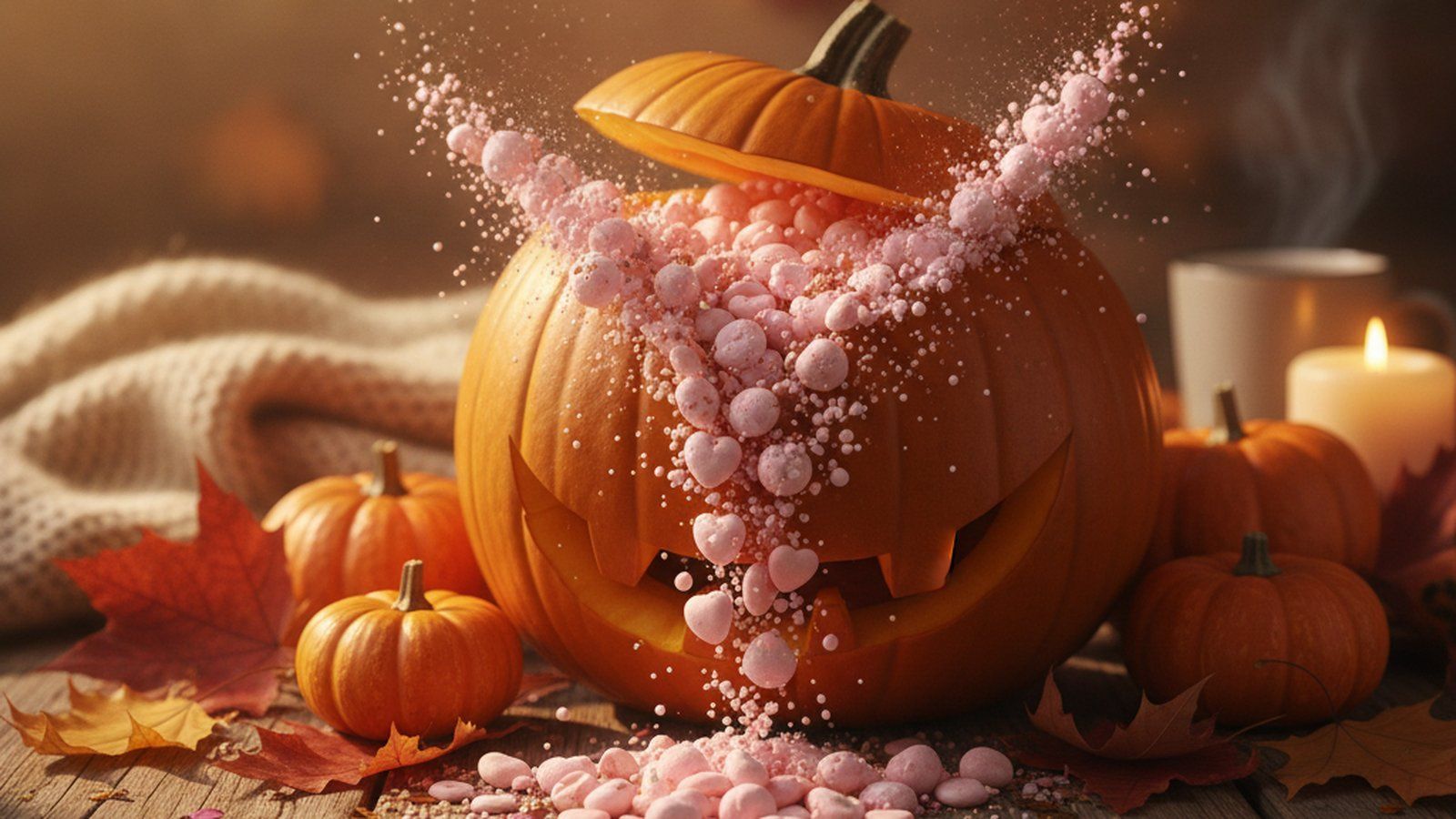 A carved pumpkin spilling pink candy and confetti among autumn leaves and mini pumpkins for a fall gender reveal