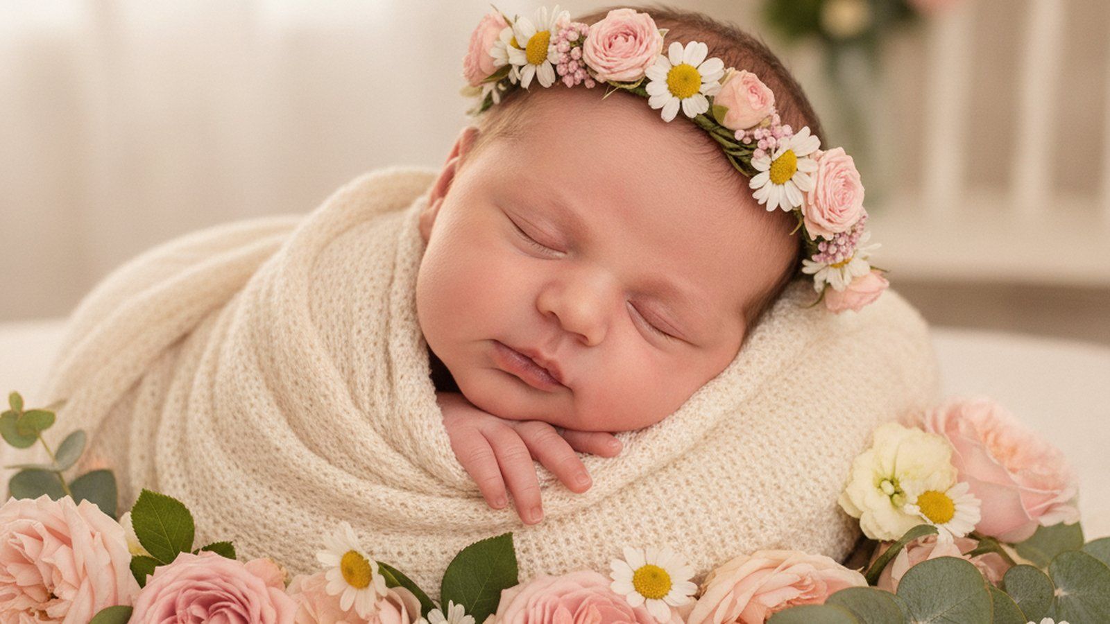 Ein friedliches Baby mit einem Blumenkranz aus Rosen und Gänseblümchen, umgeben von frischen Blüten
