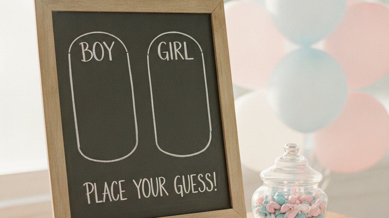 A boy or girl guessing chalkboard beside a jar of pink and blue candy at a gender reveal party