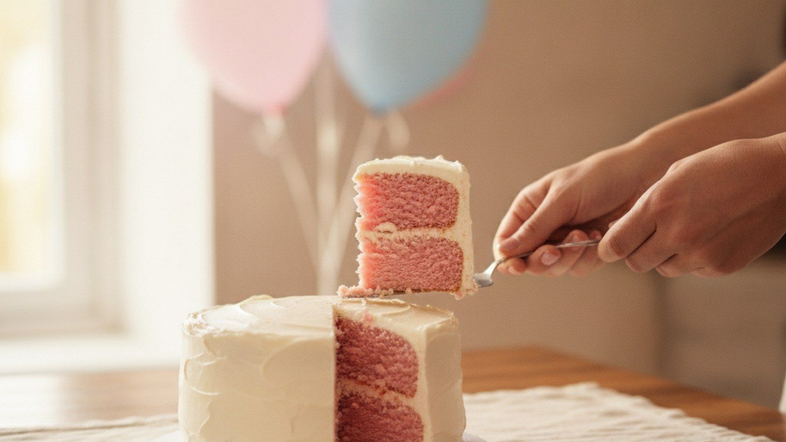 Ein Tortenstück mit rosa Teig innen wird von einer Gender-Reveal-Torte gehoben, mit rosa und blauen Ballons zu Hause