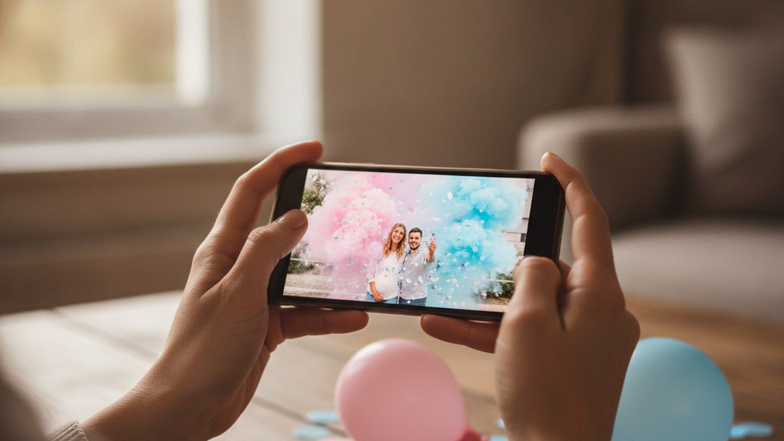 Hands holding a phone showing a gender reveal party photo, with pink and blue balloons on the table