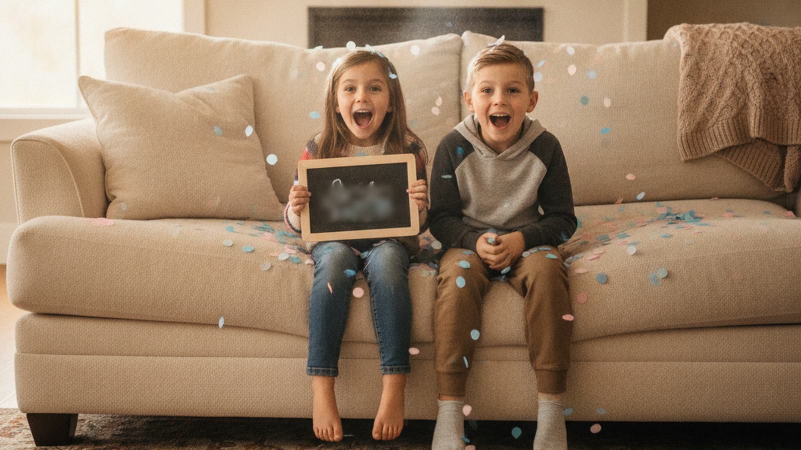 Two young siblings reacting with joy on a couch during a gender reveal, confetti settling around them