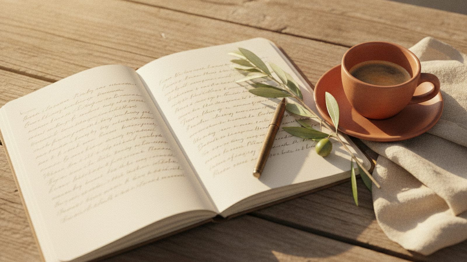 An open baby-name notebook with a pen, an espresso and an olive branch on a sunlit rustic table