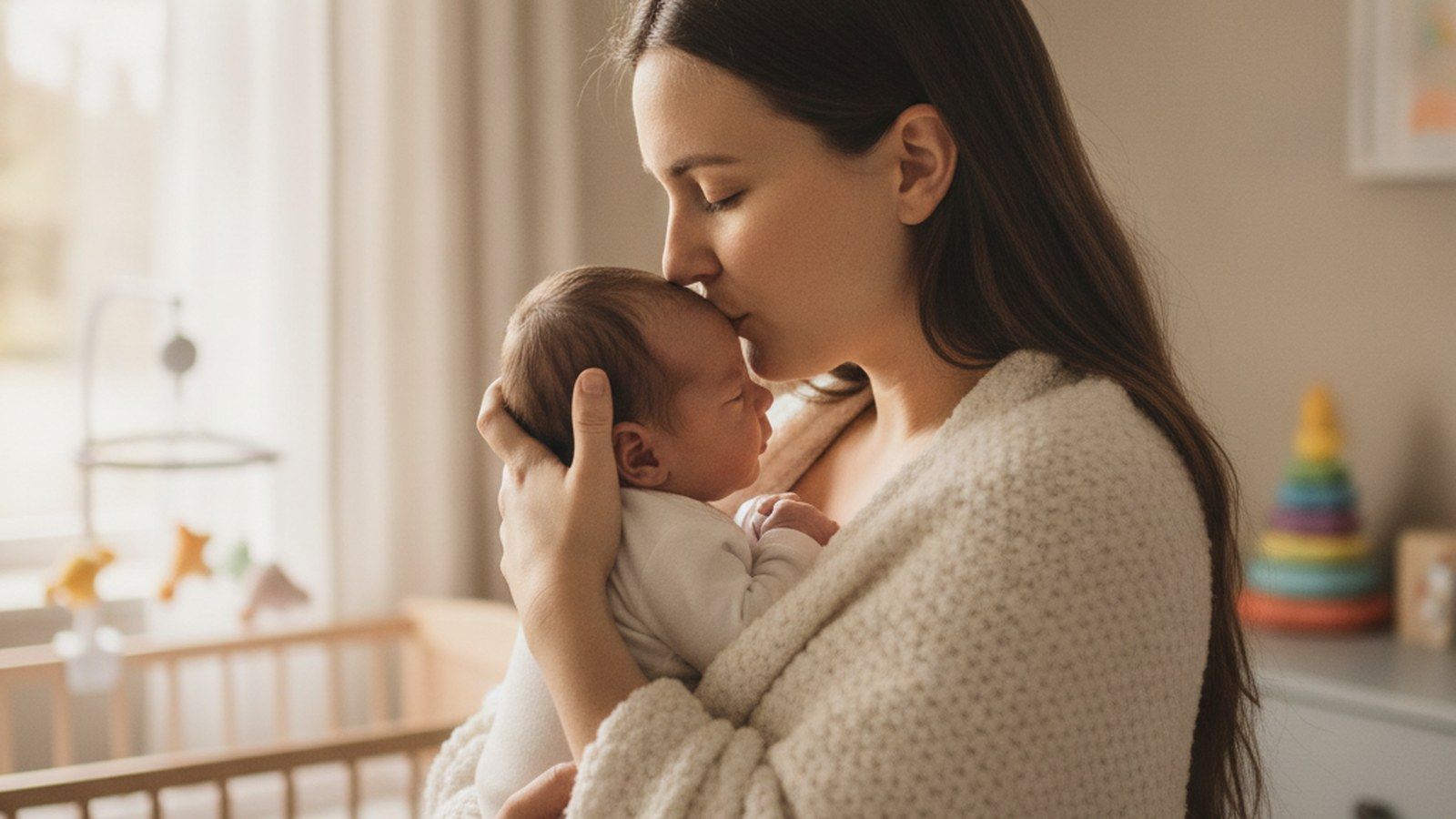 A mother tenderly kissing her newborn baby's forehead in a cozy nursery