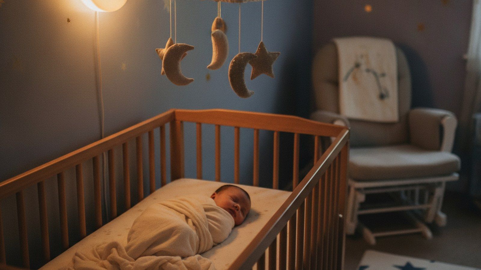 A peaceful sleeping baby in a crib beneath a crescent-moon-and-stars mobile in a cozy celestial nursery