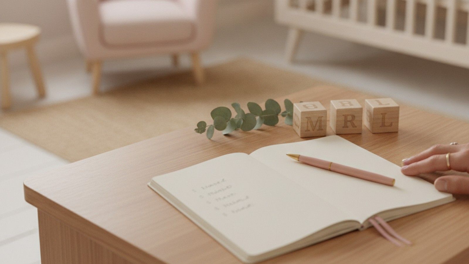 An open notebook with a baby-names list, a pen and wooden alphabet blocks on a nursery table