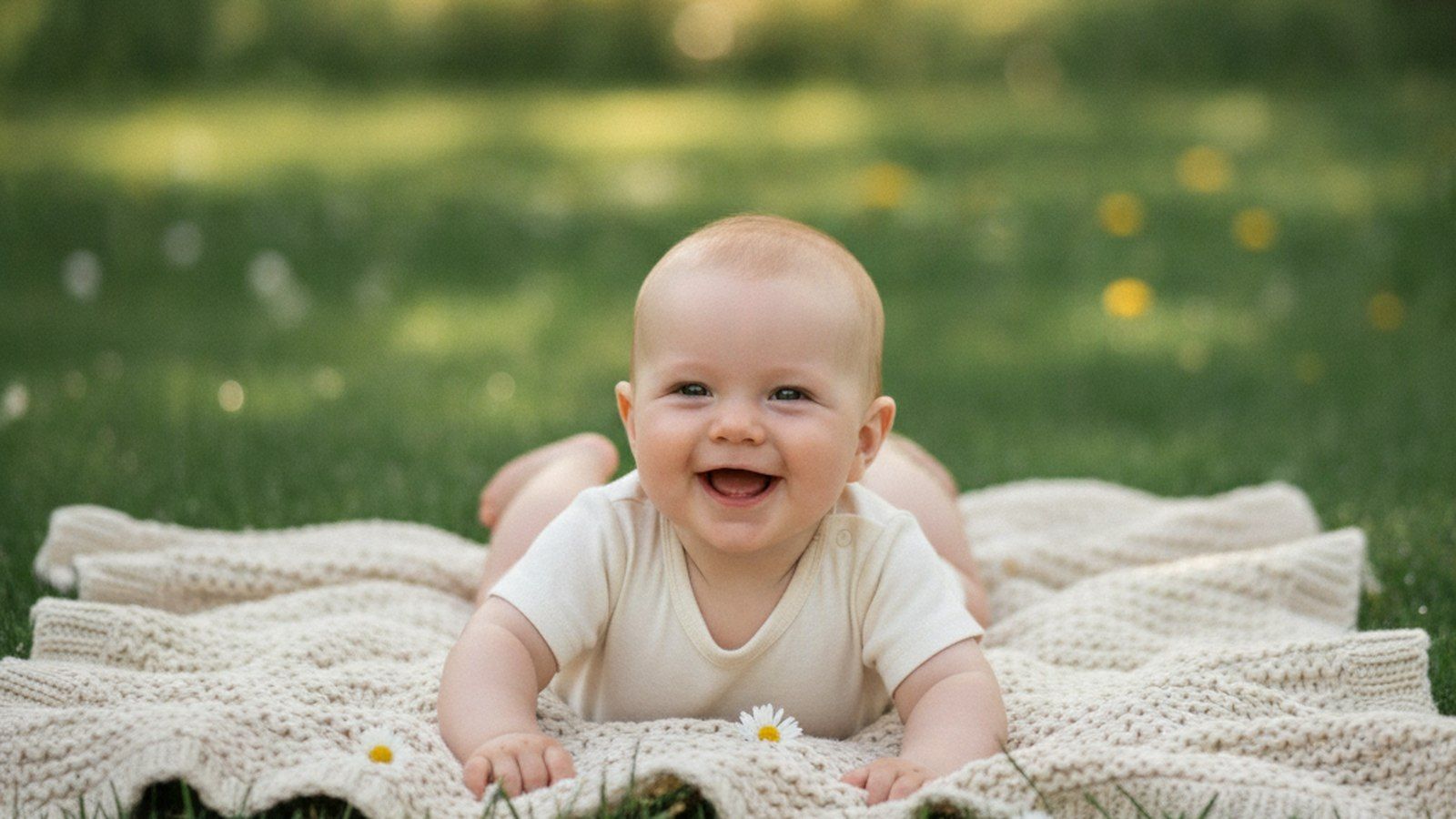 Ein fröhliches Baby auf einer cremefarbenen Decke im Gras mit Gänseblümchen