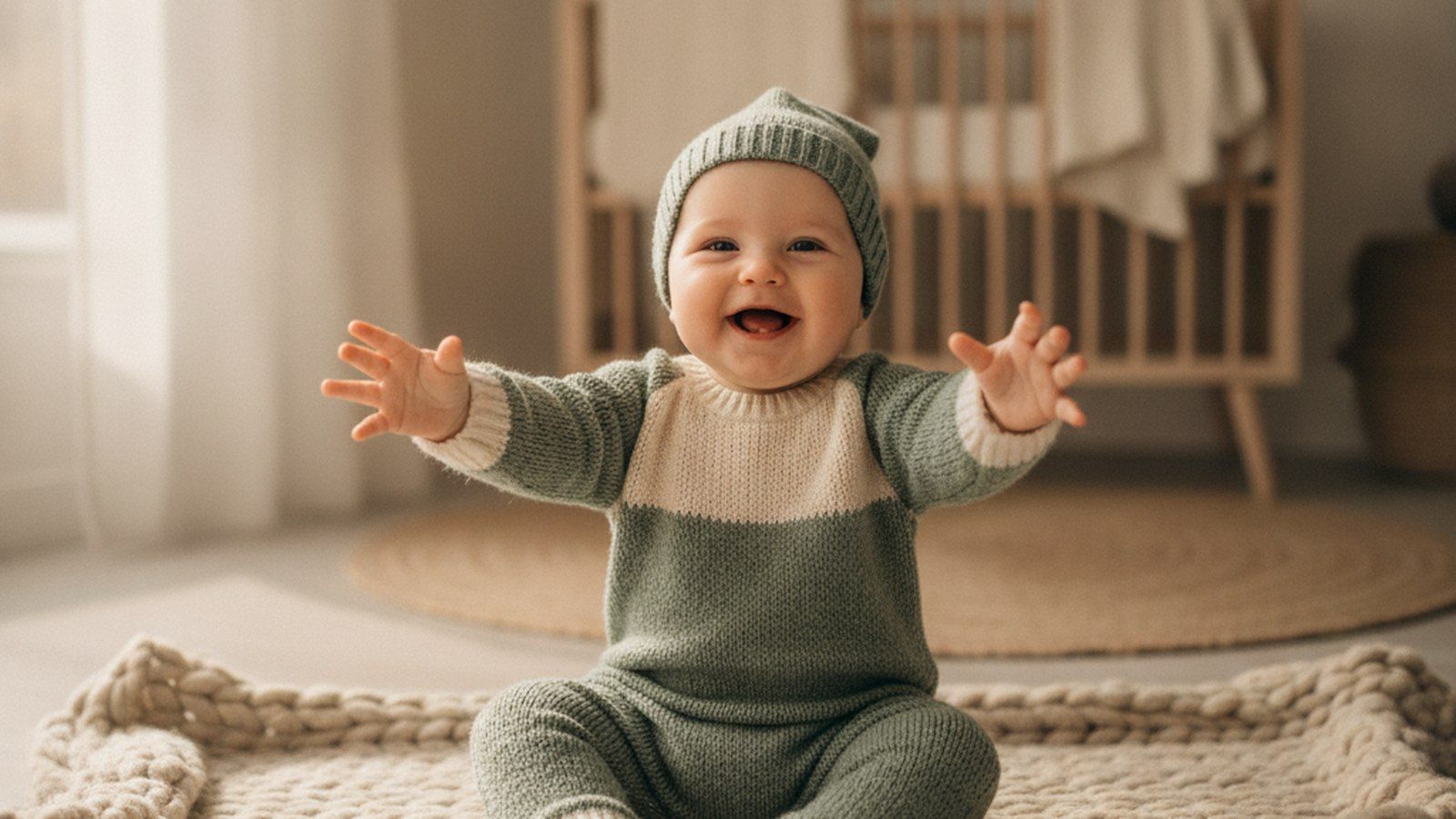 Ein fröhliches Baby in einem salbeigrünen, cremefarbenen Outfit auf einer Strickdecke im neutralen Kinderzimmer