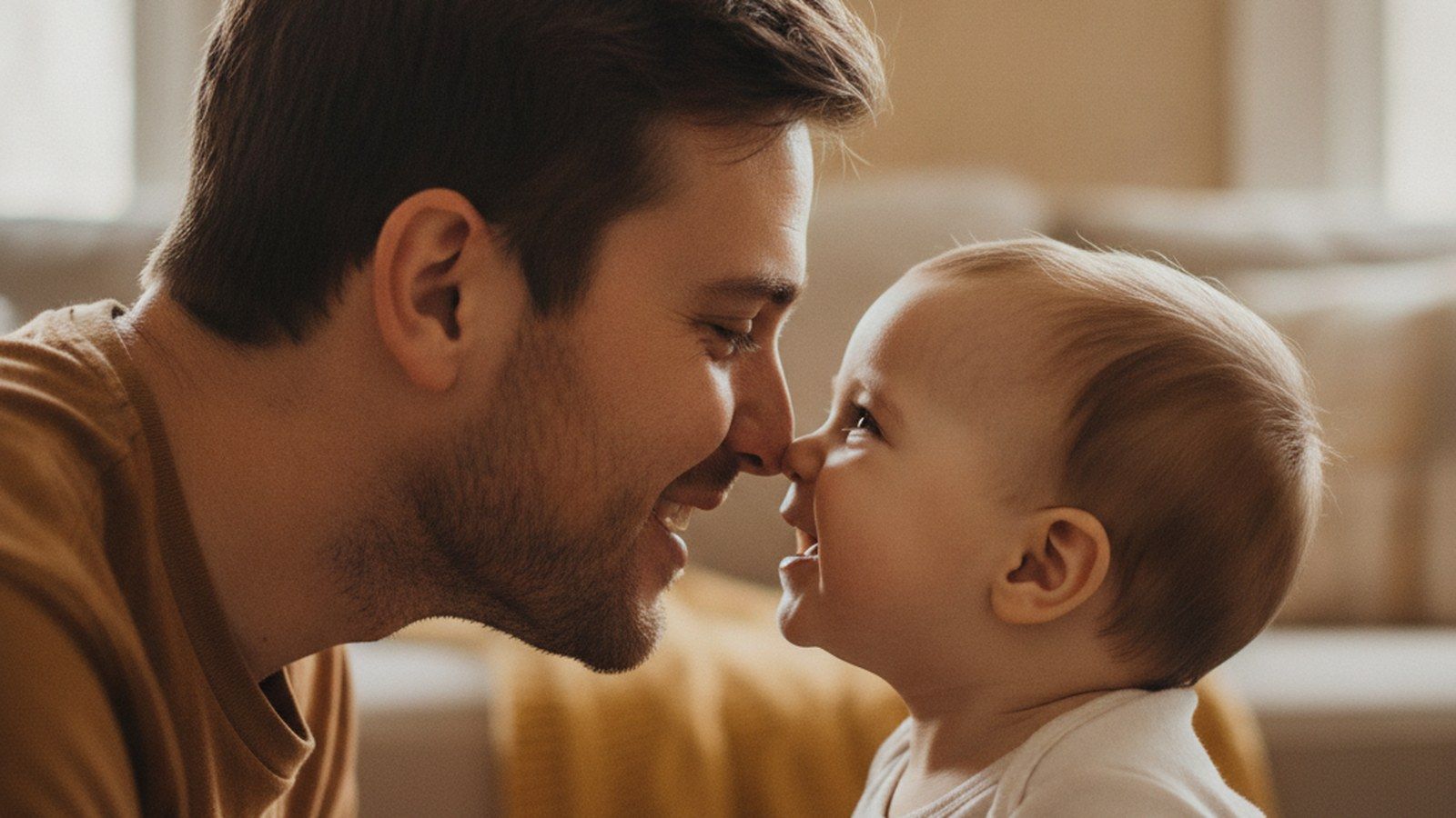 A father and his baby touching noses in profile, showing similar nose shapes and family resemblance