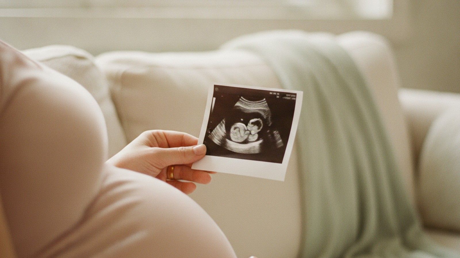 Eine schwangere Frau hält ein Ultraschallfoto ihres Babys im Profil