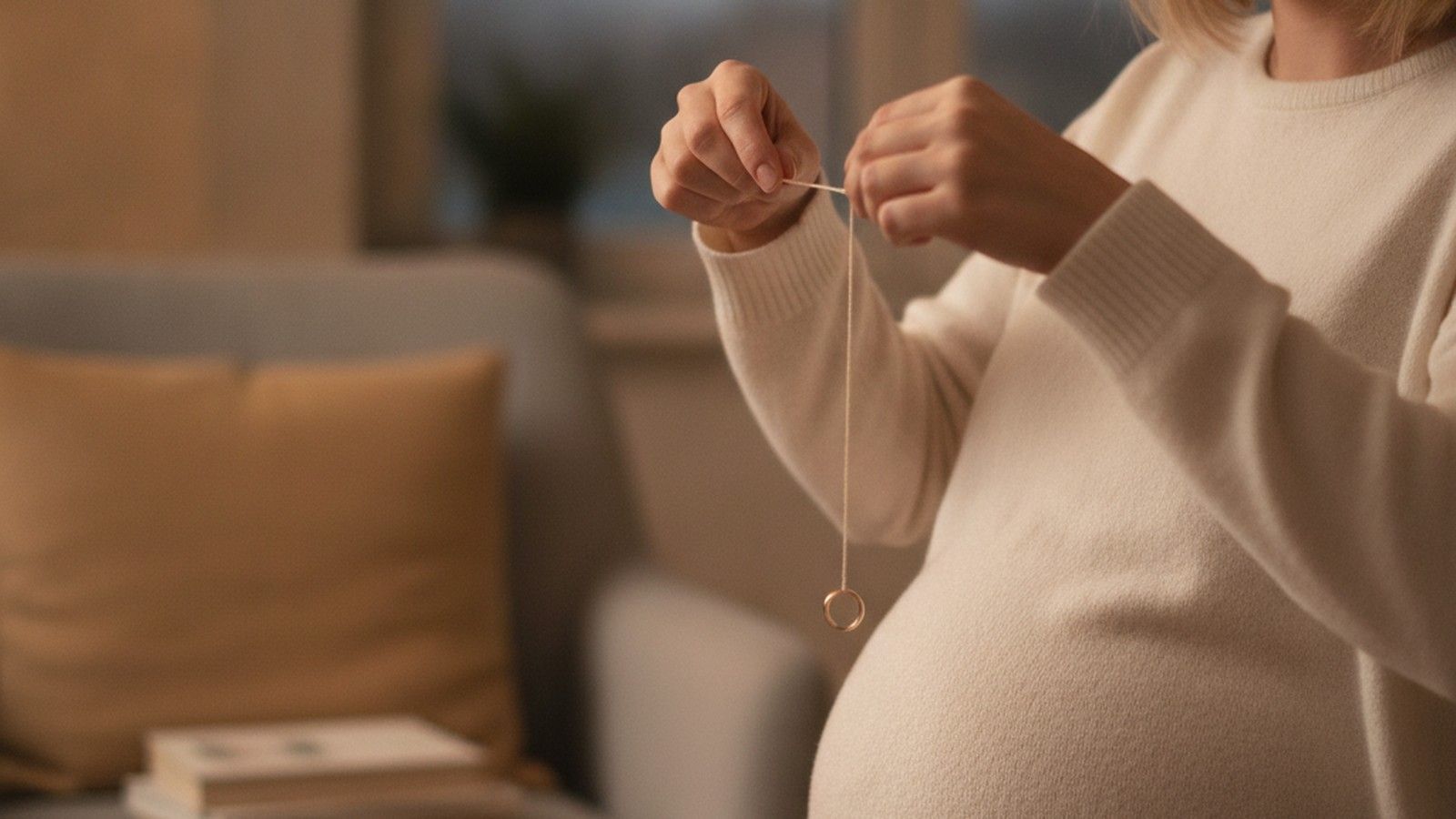 Eine schwangere Frau hält einen goldenen Ring an einer Schnur über ihren Bauch, der Ring-Test