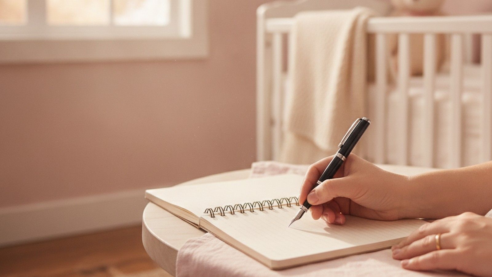 Elternteil schreibt Ideen für Babynamen in ein Notizbuch
