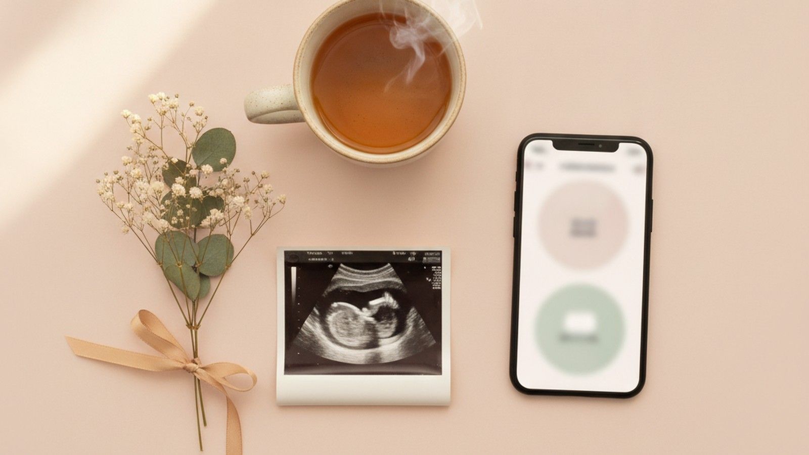 An early ultrasound printout beside a phone pregnancy tracker on a pastel desk