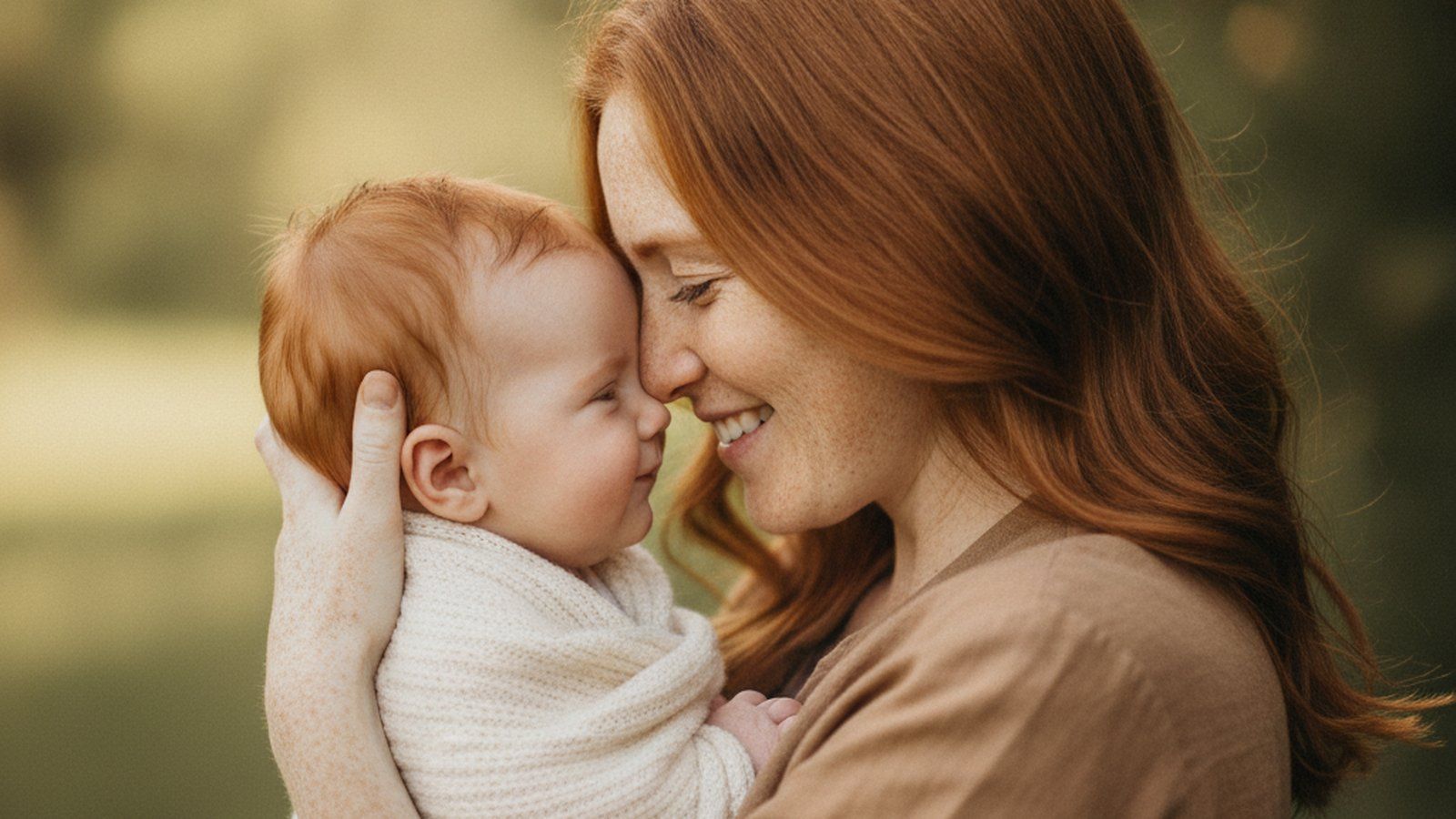 A red-haired mother cheek to cheek with her red-haired baby, showing inherited ginger hair