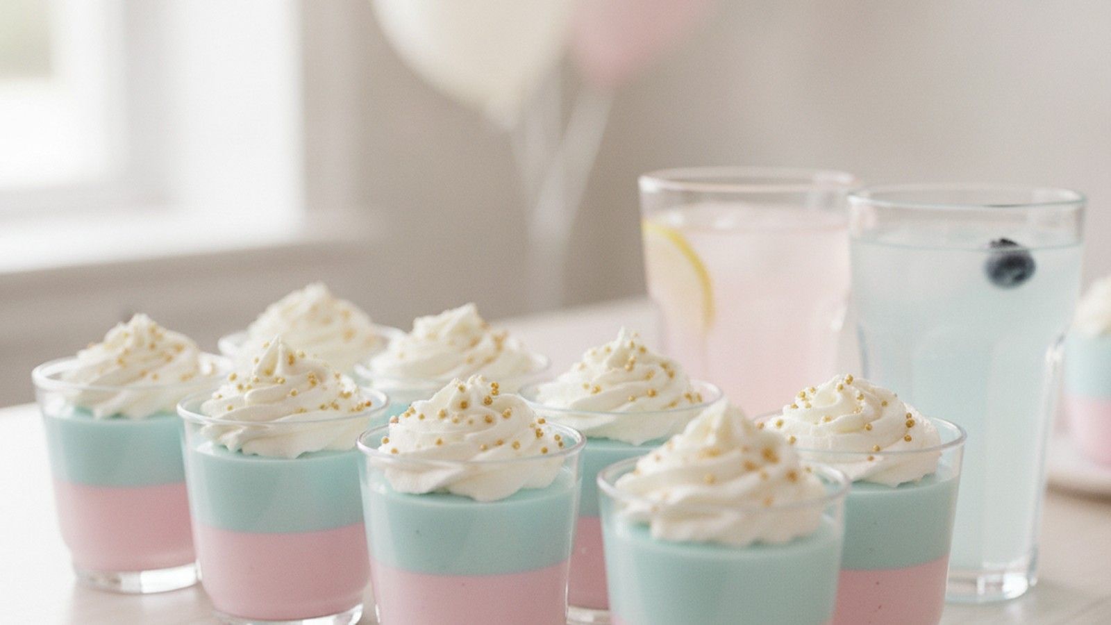 Pink and blue layered dessert cups and tinted lemonades on a gender reveal party table