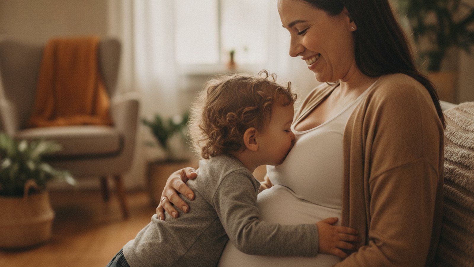 A toddler gently kissing their pregnant mother's baby bump in a cozy living room
