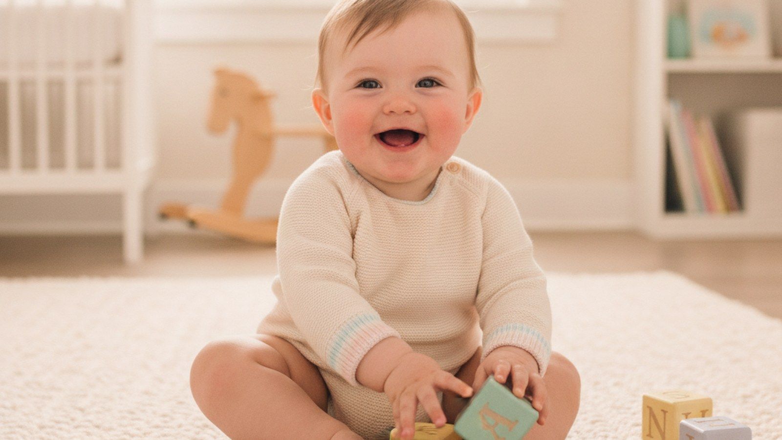 Ein lächelndes Baby sitzt auf einem Teppich und spielt mit pastellfarbenen Buchstabenwürfeln im hellen Kinderzimmer