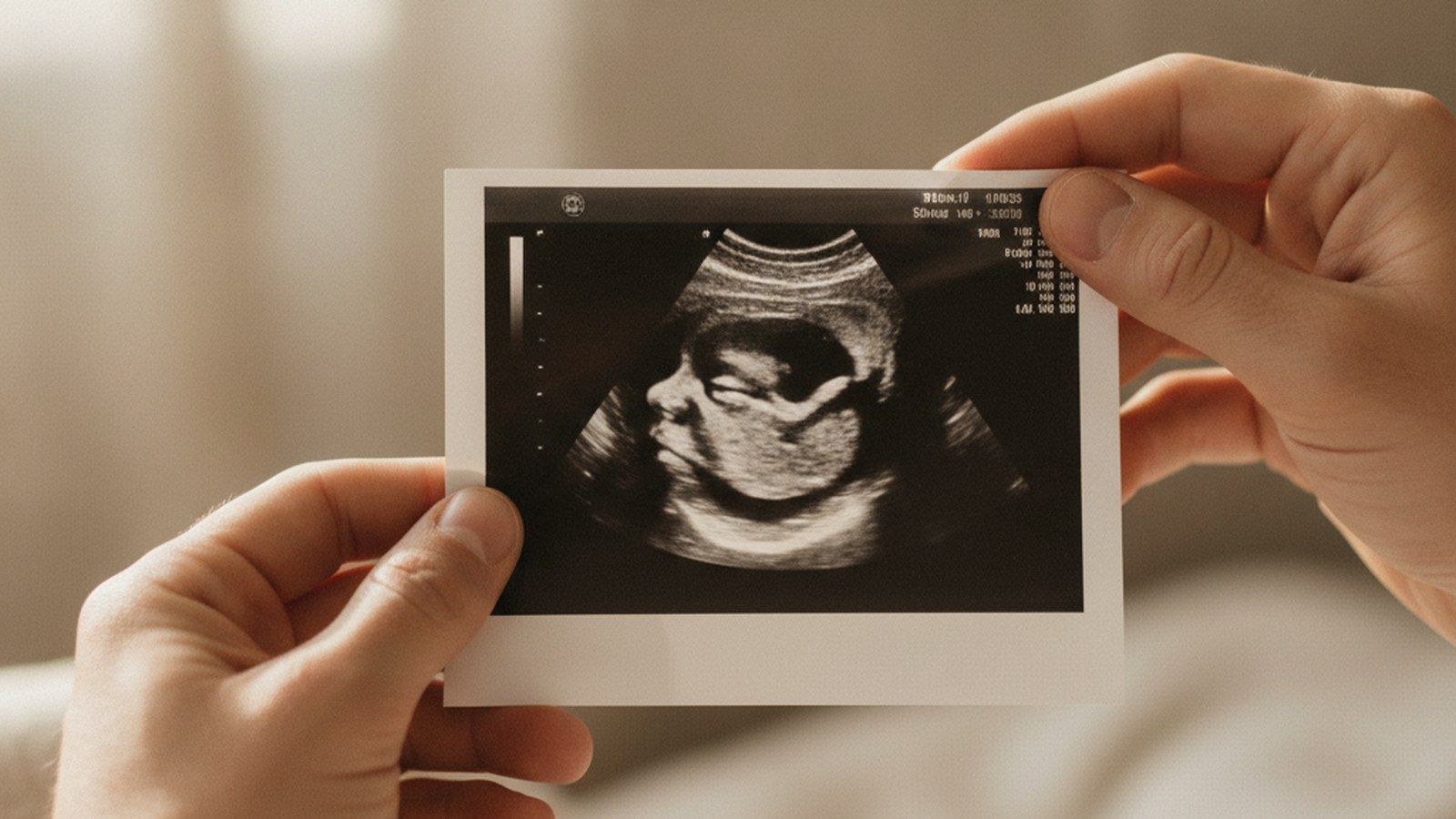 Two hands holding a black-and-white profile ultrasound photo showing a baby's head in side profile