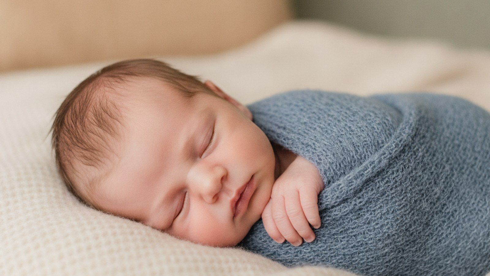 A newborn baby boy sleeping swaddled in a dusty blue knitted wrap on a cream blanket