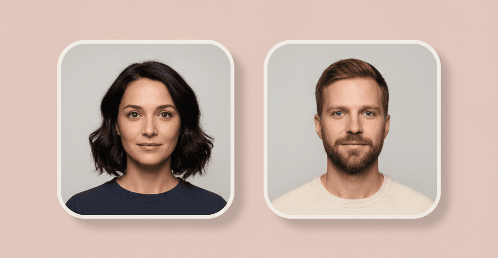 Die beiden KI-erzeugten Elternporträts, die als identische Eingabefotos durch alle fünf KI-Baby-Generatoren liefen