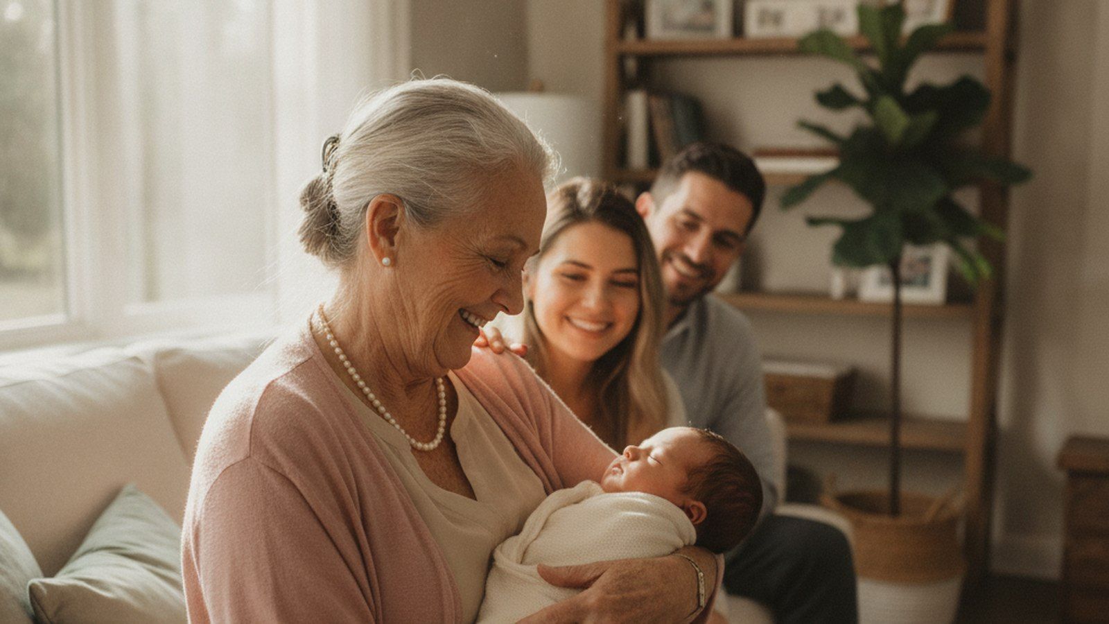 Eine Großmutter hält ein Neugeborenes, die Eltern lächeln im Hintergrund, drei Generationen