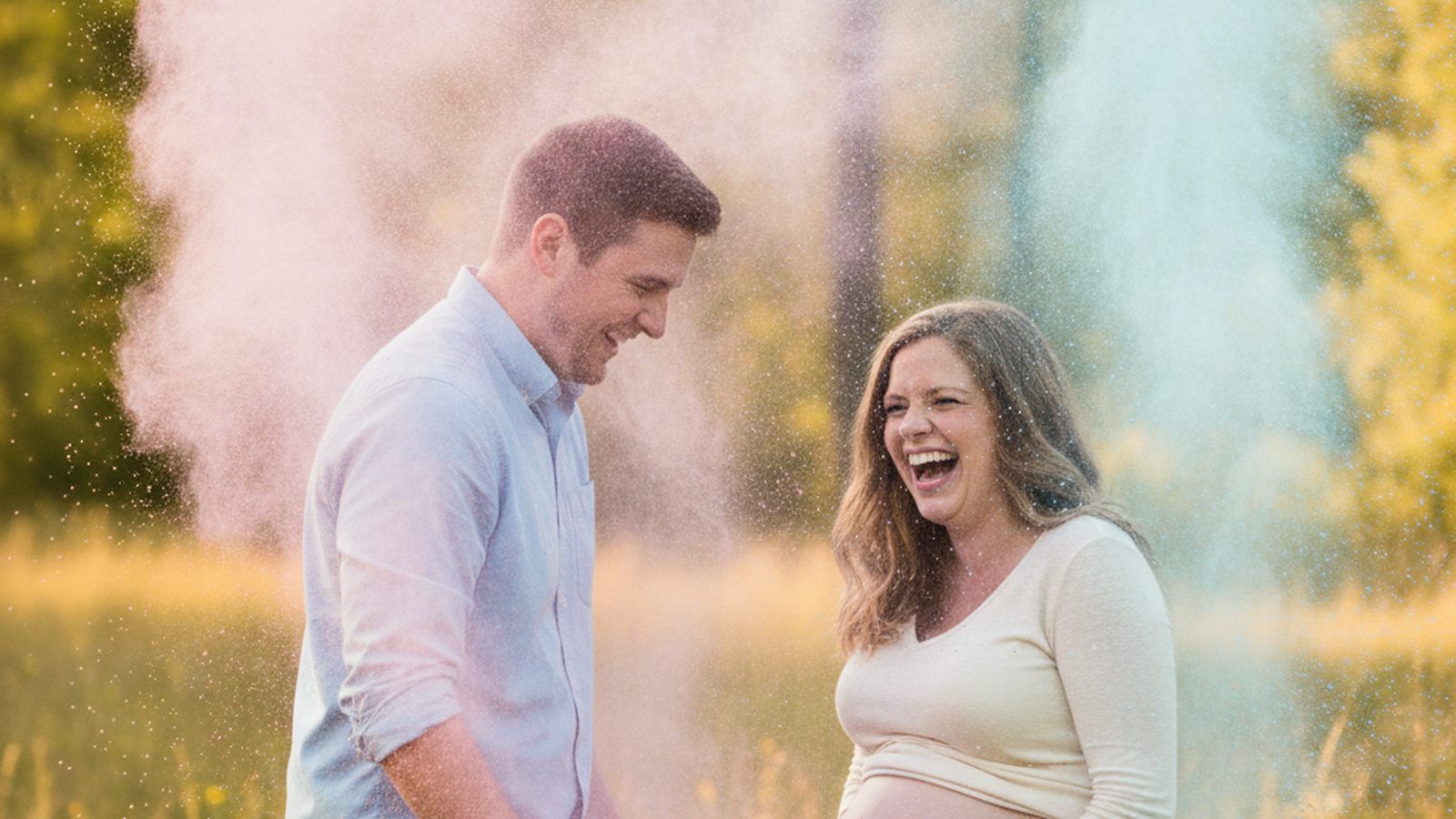 A laughing expecting couple outdoors amid pink and blue powder at a creative gender reveal