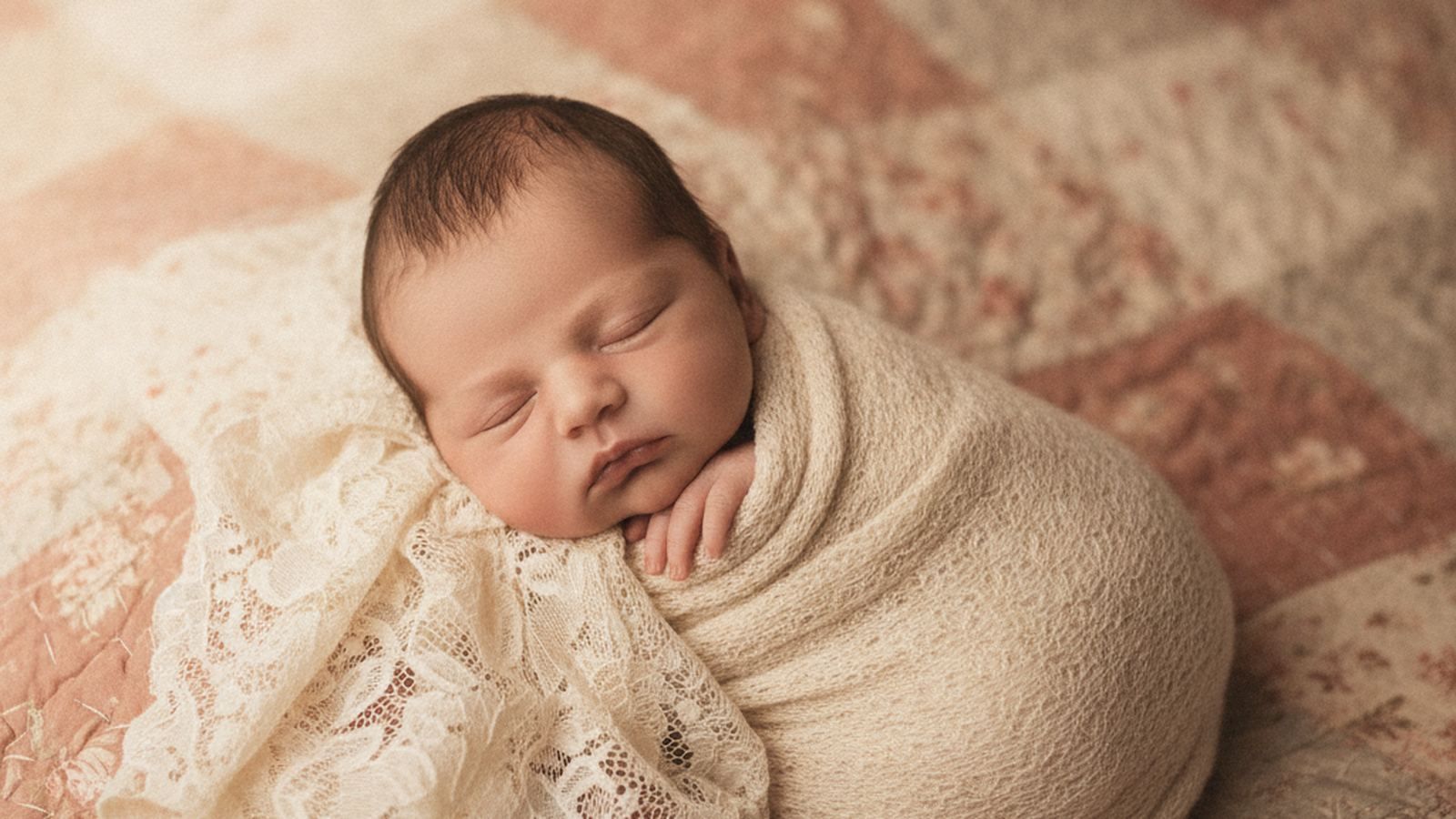 A sleeping newborn wrapped in cream knit and lace on an antique patchwork quilt