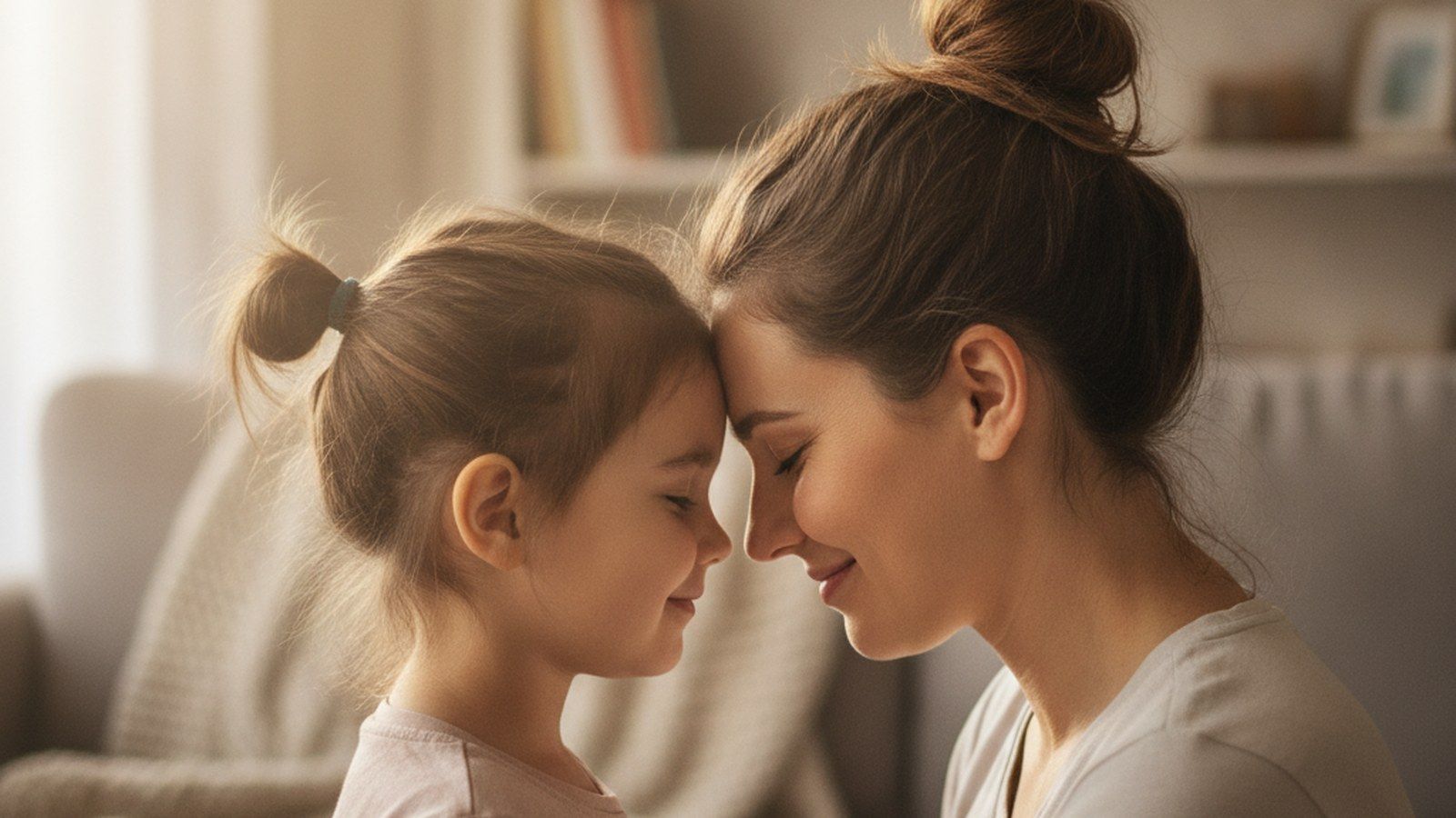 A mother and her young child pressing their foreheads together, hairlines visible, showing family resemblance